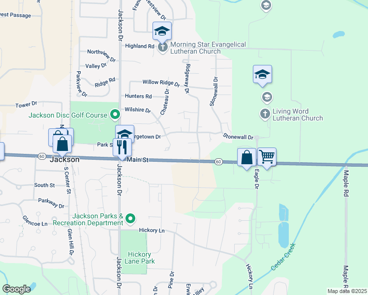 map of restaurants, bars, coffee shops, grocery stores, and more near N168W19937 Ridgeway Court in Jackson