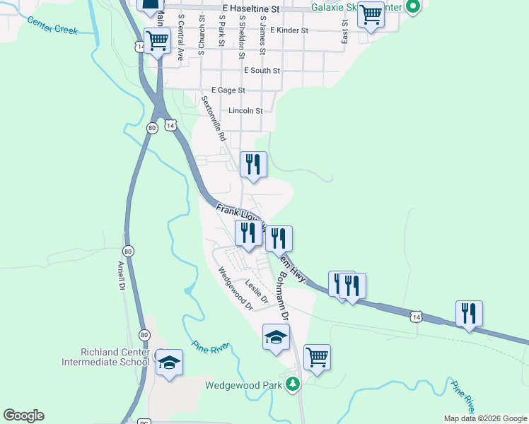 map of restaurants, bars, coffee shops, grocery stores, and more near 1297 South Buhmeyer Circle in Richland Center