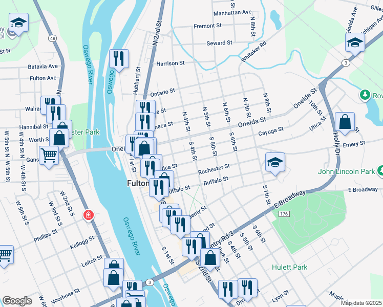 map of restaurants, bars, coffee shops, grocery stores, and more near 318 Cayuga Street in Fulton