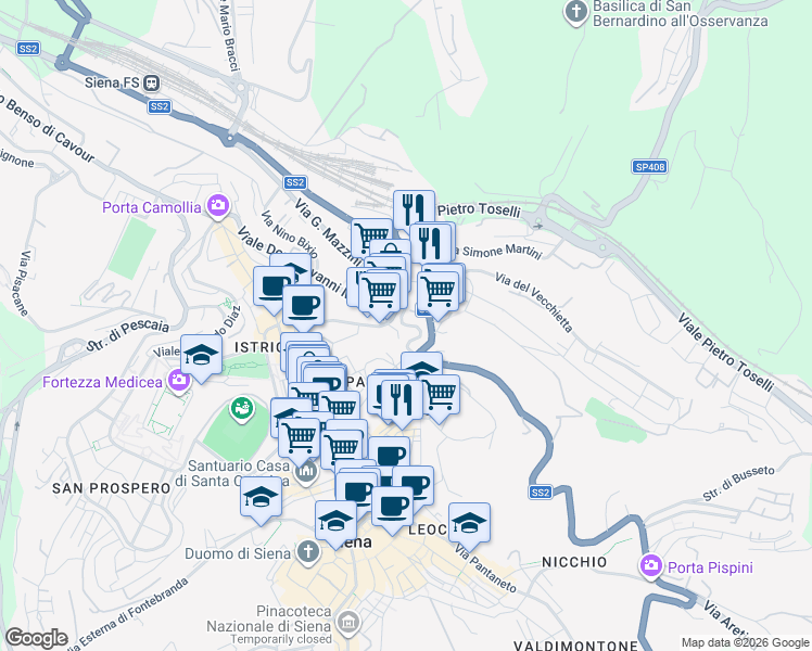 map of restaurants, bars, coffee shops, grocery stores, and more near 72 Via Giuseppe Garibaldi in Siena