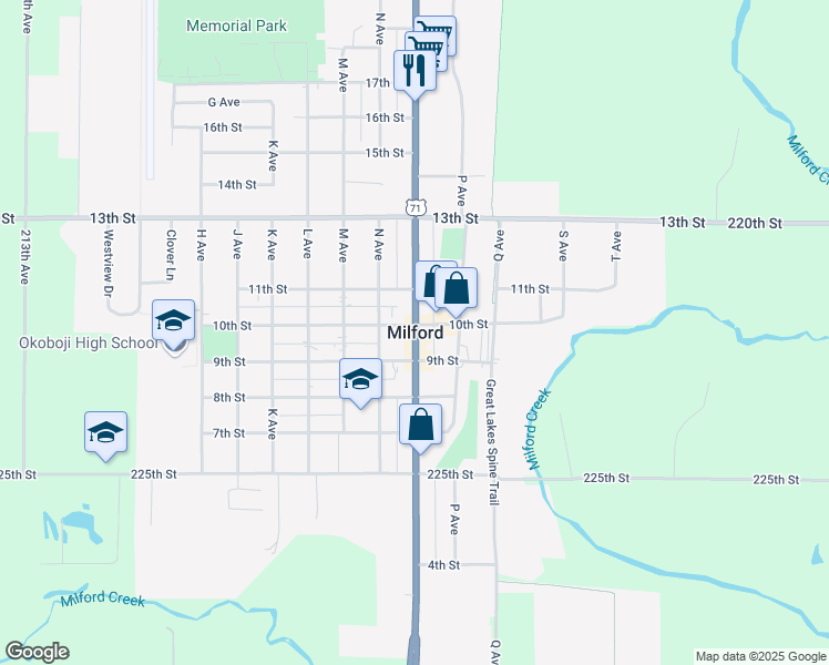 map of restaurants, bars, coffee shops, grocery stores, and more near in Milford