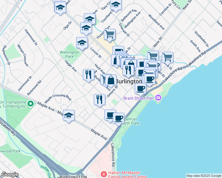 map of restaurants, bars, coffee shops, grocery stores, and more near 1401 Ontario Street in Burlington