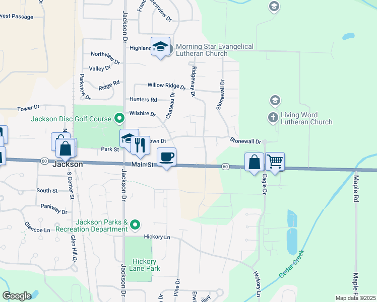 map of restaurants, bars, coffee shops, grocery stores, and more near N168W19937 Ridgeway Court in Jackson