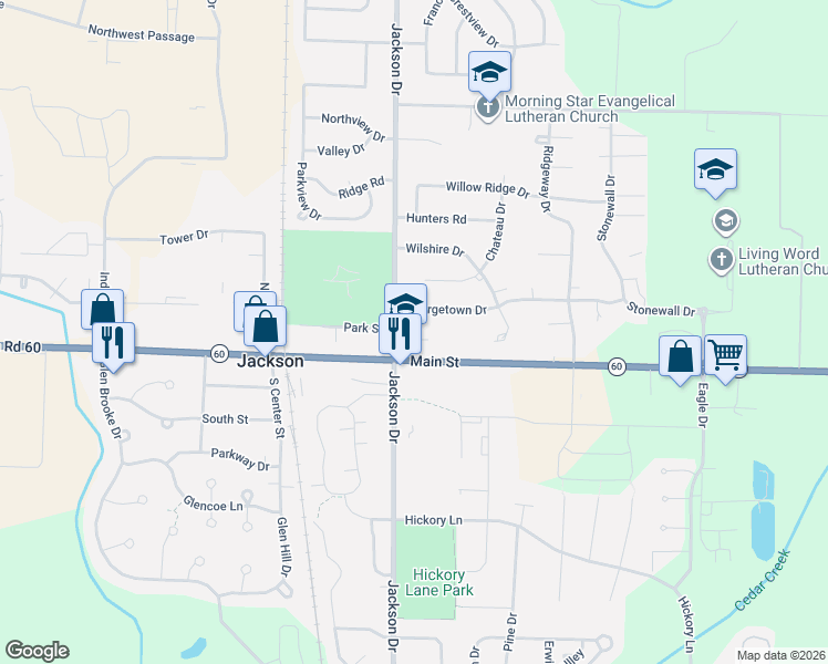 map of restaurants, bars, coffee shops, grocery stores, and more near W204N16850 Jackson Drive in Jackson