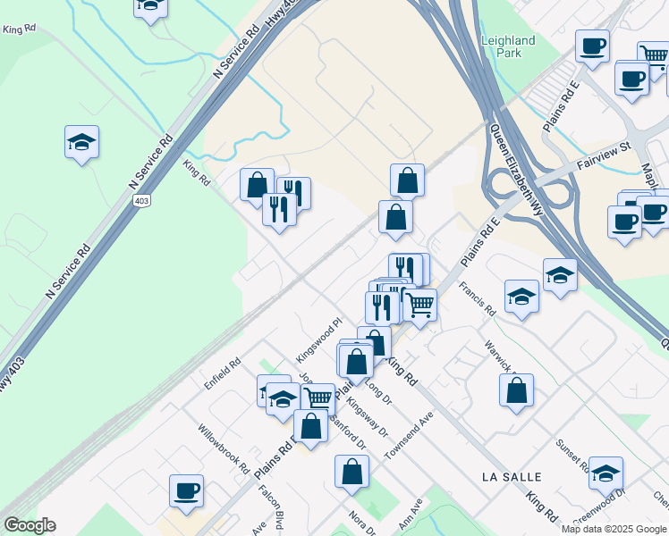 map of restaurants, bars, coffee shops, grocery stores, and more near 637 Enfield Road in Burlington