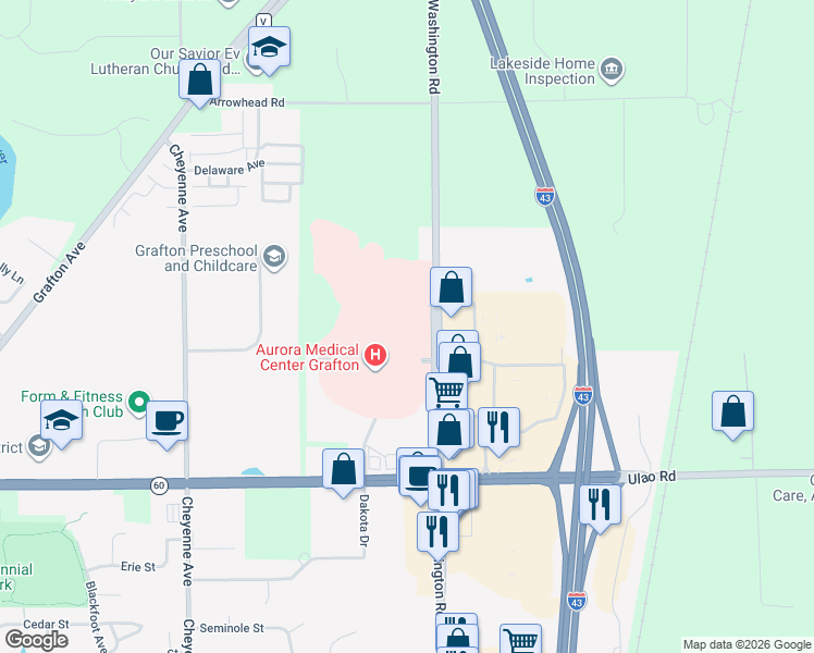 map of restaurants, bars, coffee shops, grocery stores, and more near 975 North Port Washington Road in Grafton