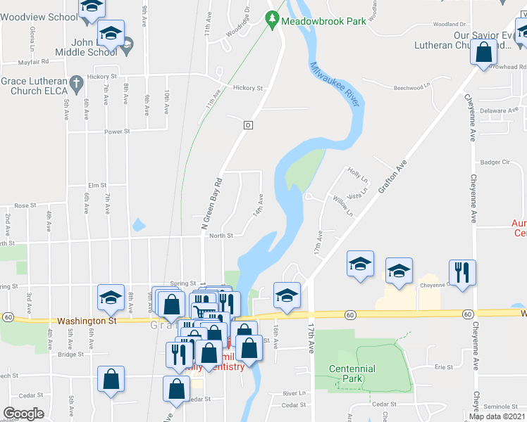 map of restaurants, bars, coffee shops, grocery stores, and more near 958 14th Avenue in Grafton