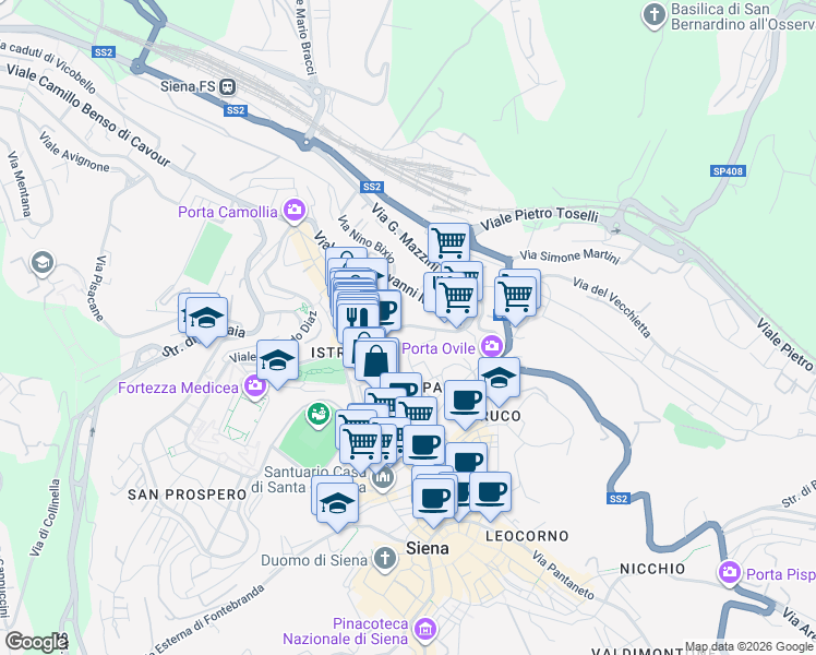 map of restaurants, bars, coffee shops, grocery stores, and more near 3 Piazza Sale in Siena