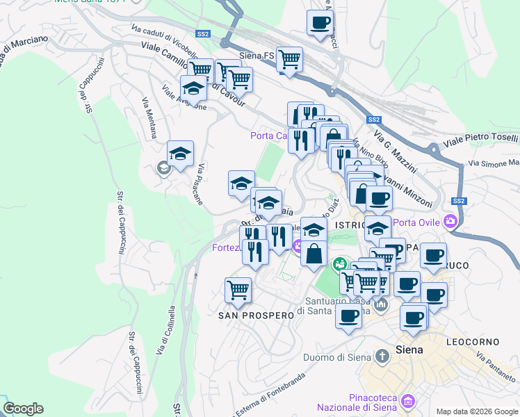map of restaurants, bars, coffee shops, grocery stores, and more near 10 Via Cesare Battisti in Siena