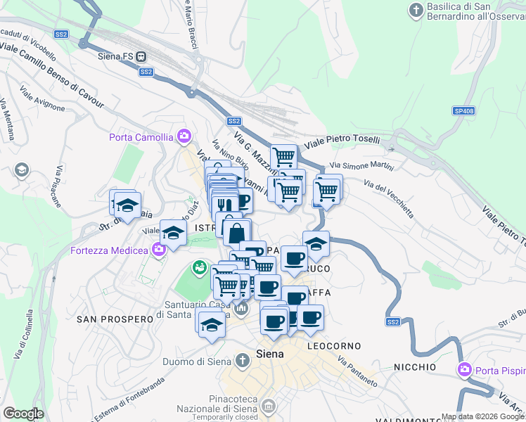 map of restaurants, bars, coffee shops, grocery stores, and more near 3 Piazza Sale in Siena