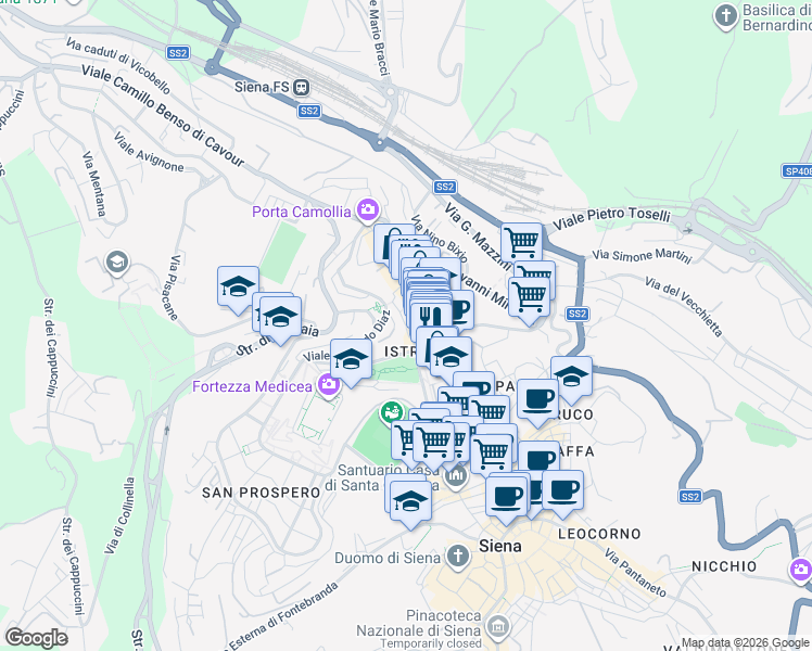 map of restaurants, bars, coffee shops, grocery stores, and more near 2 Viale Armando Diaz in Siena