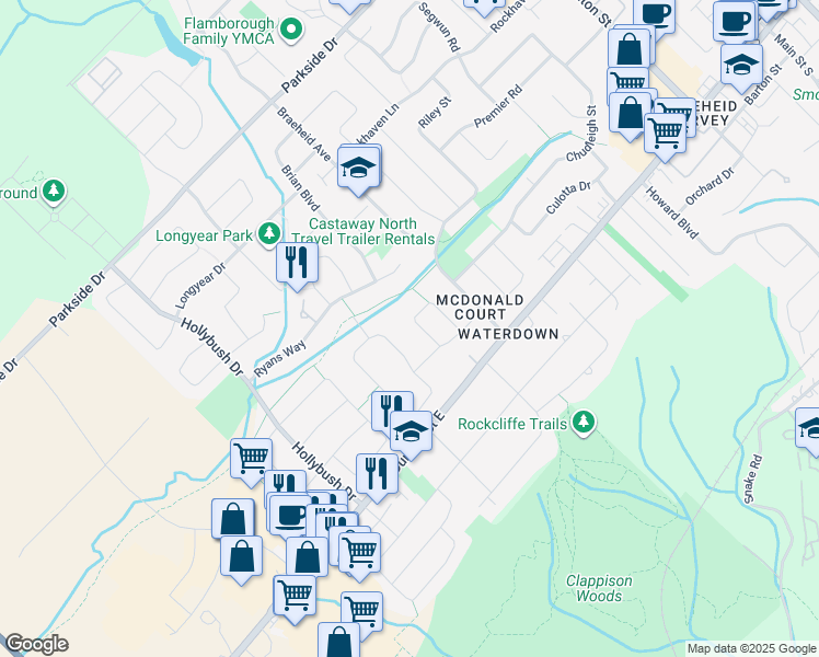 map of restaurants, bars, coffee shops, grocery stores, and more near 11 Melissa Crescent in Hamilton