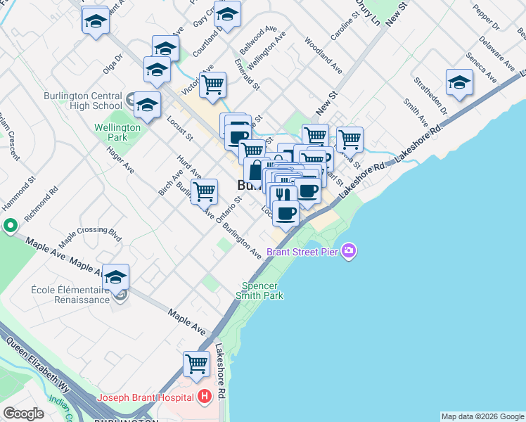 map of restaurants, bars, coffee shops, grocery stores, and more near in Burlington