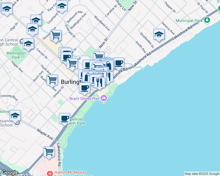 map of restaurants, bars, coffee shops, grocery stores, and more near 1 Elizabeth Street in Burlington