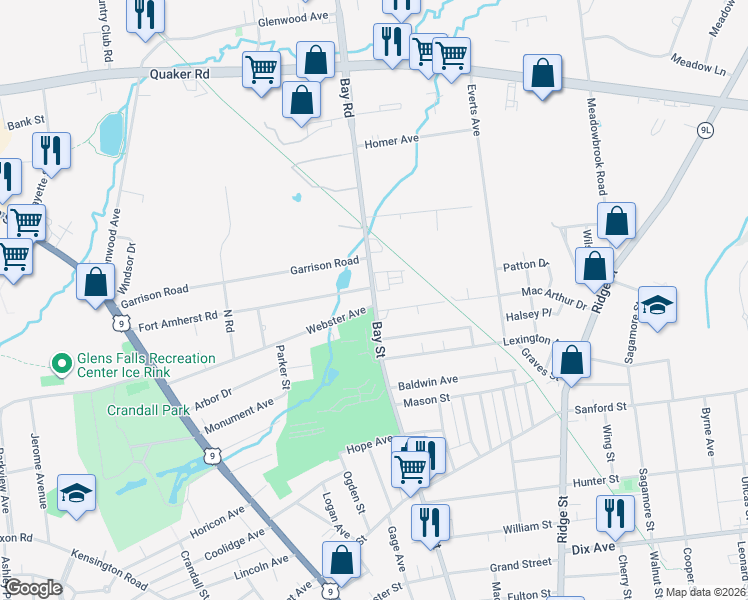 map of restaurants, bars, coffee shops, grocery stores, and more near 225 Bay Street in Glens Falls