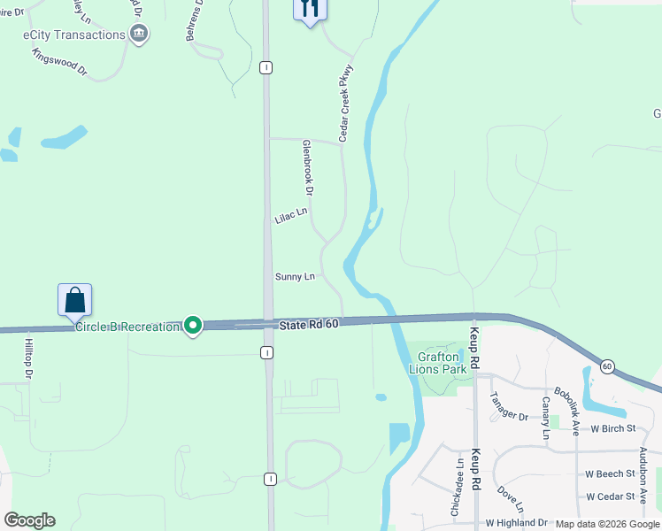map of restaurants, bars, coffee shops, grocery stores, and more near 5825 Sunny Lane in Grafton
