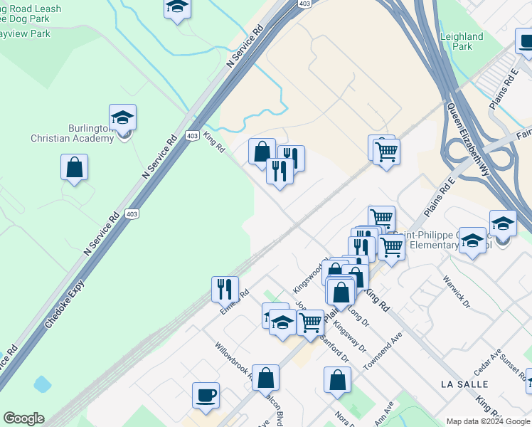 map of restaurants, bars, coffee shops, grocery stores, and more near 1162 King Road in Burlington