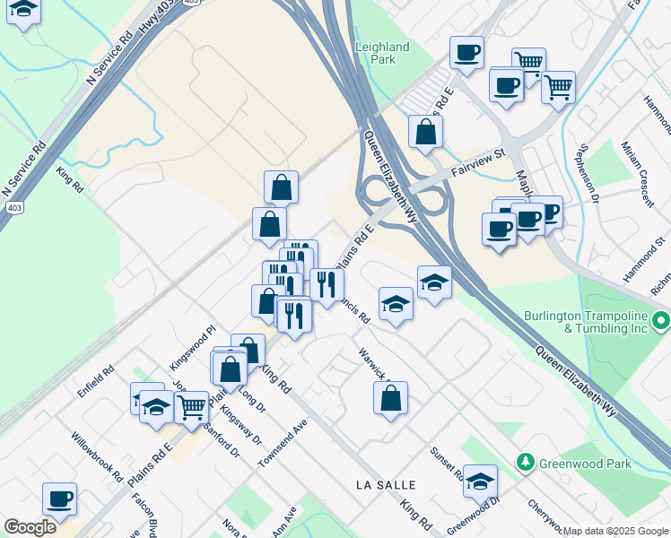 map of restaurants, bars, coffee shops, grocery stores, and more near Plains Road East in Burlington