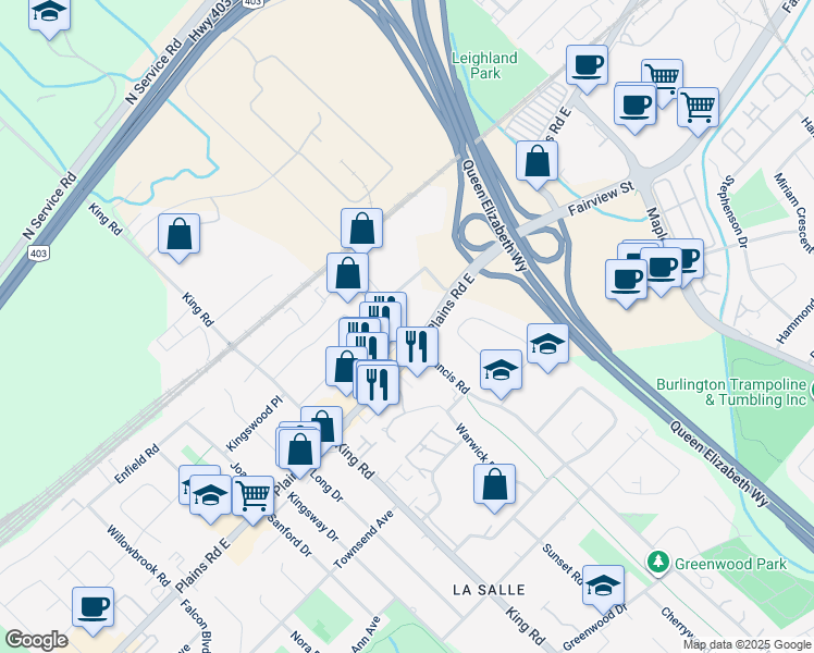 map of restaurants, bars, coffee shops, grocery stores, and more near 1025 Plains Road East in Burlington