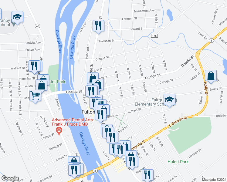 map of restaurants, bars, coffee shops, grocery stores, and more near 318 Cayuga Street in Fulton