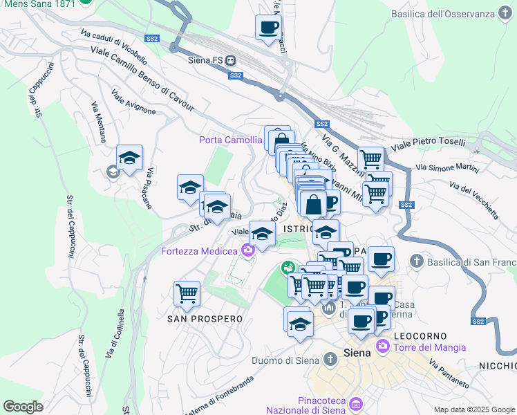 map of restaurants, bars, coffee shops, grocery stores, and more near 21 Viale Rinaldo Franci in Siena