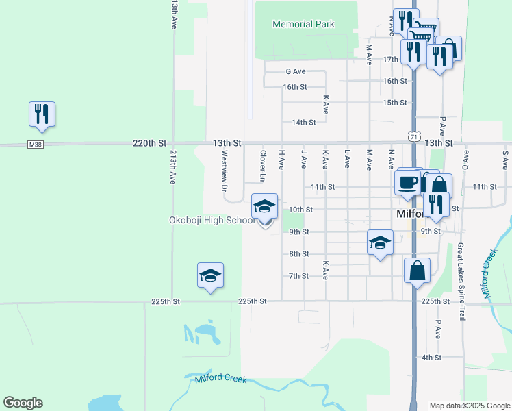 map of restaurants, bars, coffee shops, grocery stores, and more near 1608 10th Street in Milford