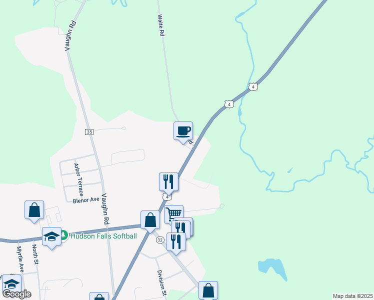 map of restaurants, bars, coffee shops, grocery stores, and more near 3157 Moss Street in Hudson Falls