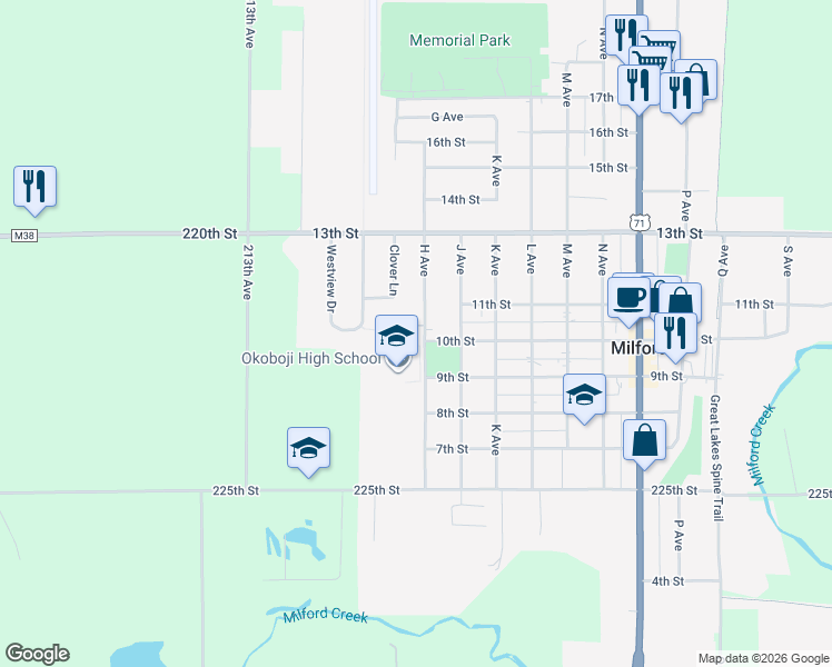 map of restaurants, bars, coffee shops, grocery stores, and more near 1001 H Avenue in Milford