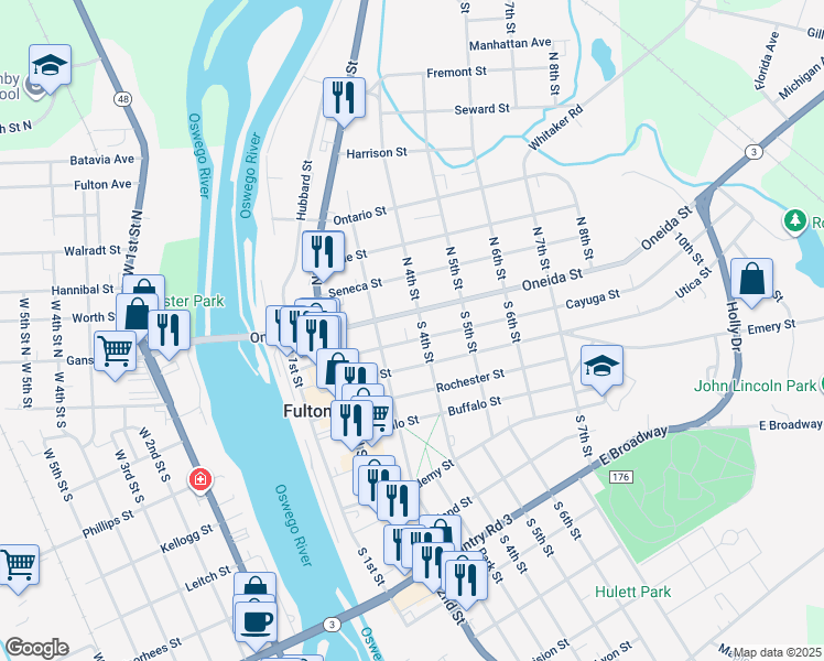 map of restaurants, bars, coffee shops, grocery stores, and more near 318 Cayuga Street in Fulton