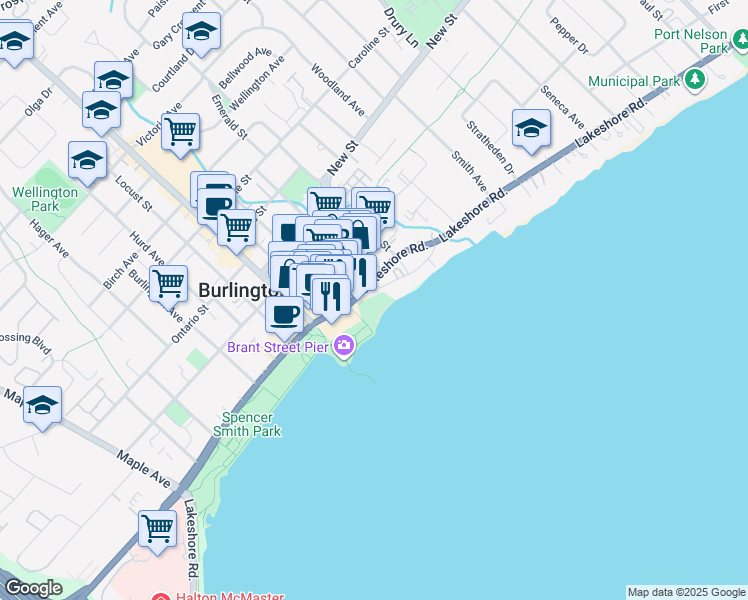map of restaurants, bars, coffee shops, grocery stores, and more near 2042 Lakeshore Road in Burlington
