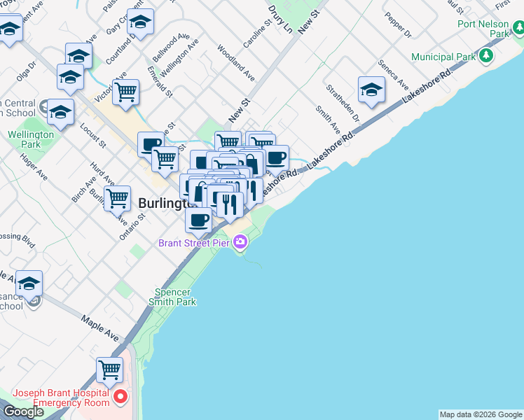 map of restaurants, bars, coffee shops, grocery stores, and more near 1 Elizabeth Street in Burlington