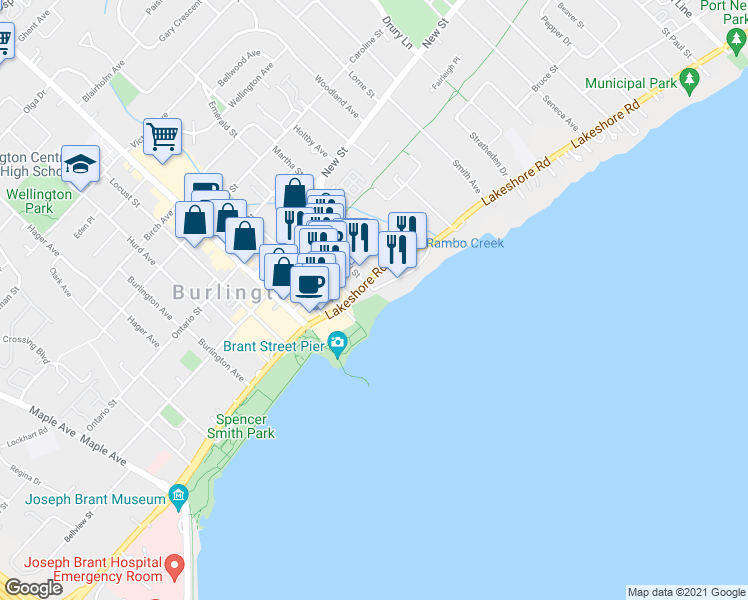 map of restaurants, bars, coffee shops, grocery stores, and more near 2084 Old Lakeshore Road in Burlington