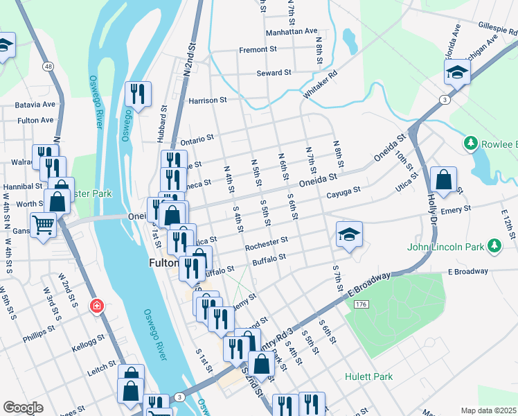 map of restaurants, bars, coffee shops, grocery stores, and more near 421 Oneida Street in Fulton