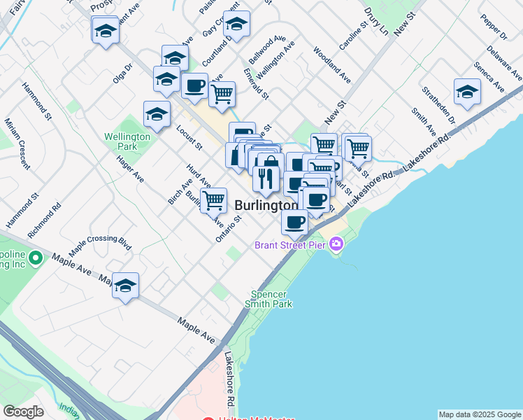map of restaurants, bars, coffee shops, grocery stores, and more near 1457 Ontario Street in Burlington