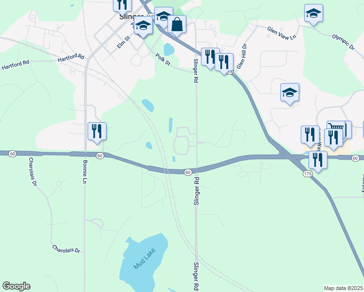 map of restaurants, bars, coffee shops, grocery stores, and more near 405 Slinger Road in Slinger