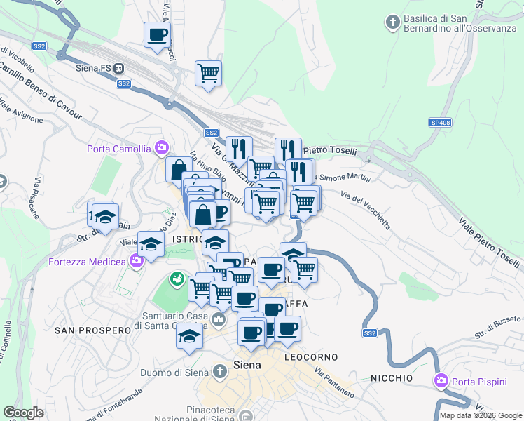 map of restaurants, bars, coffee shops, grocery stores, and more near 55 Viale Don Giovanni Minzoni in Siena