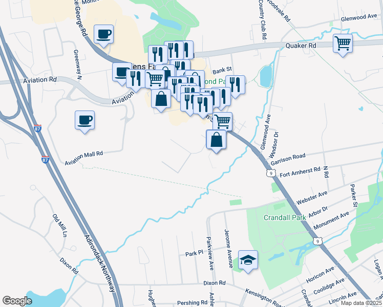 map of restaurants, bars, coffee shops, grocery stores, and more near Foster Avenue & Rudley Drive in Queensbury