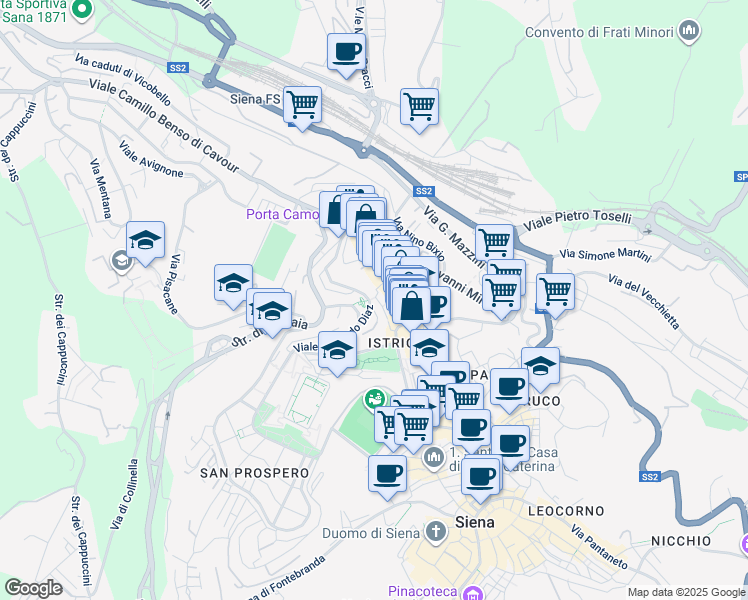 map of restaurants, bars, coffee shops, grocery stores, and more near 105 Via Camollia in Siena