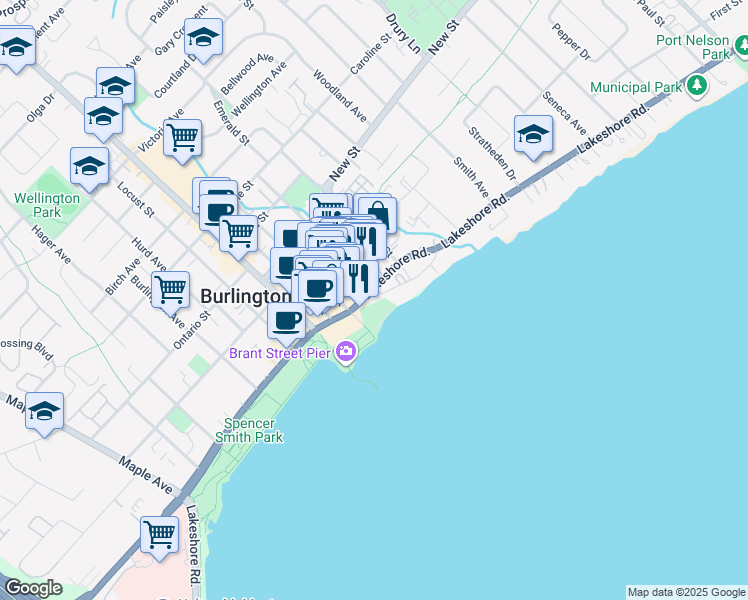 map of restaurants, bars, coffee shops, grocery stores, and more near 2048 Old Lakeshore Road in Burlington