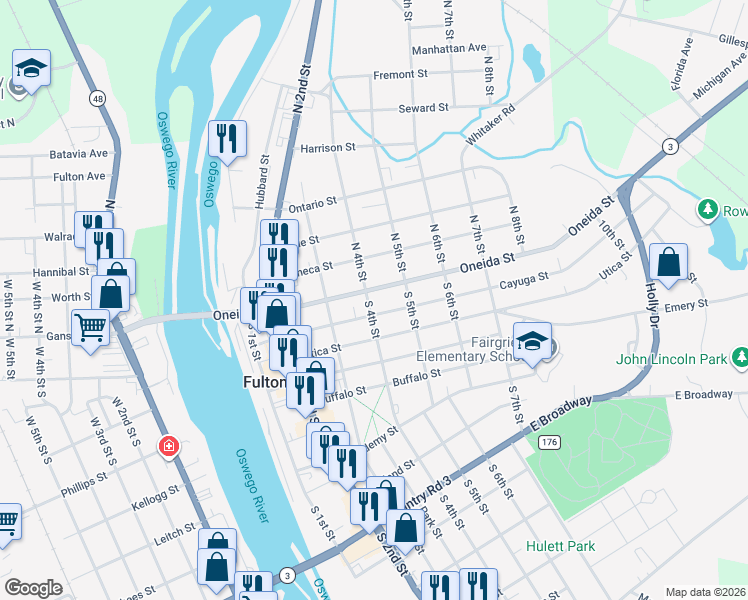 map of restaurants, bars, coffee shops, grocery stores, and more near 6 North 4th Street in Fulton