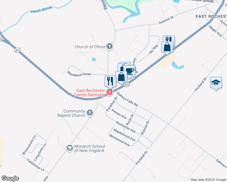 map of restaurants, bars, coffee shops, grocery stores, and more near 394 Salmon Falls Road in Rochester