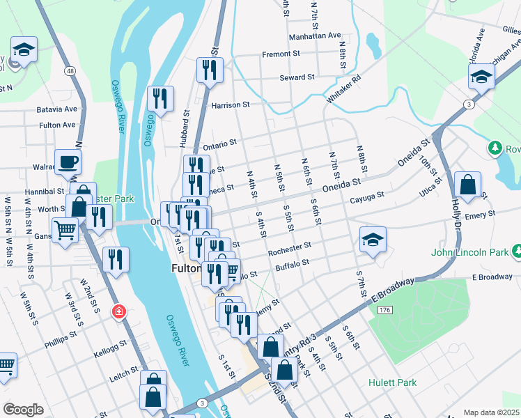 map of restaurants, bars, coffee shops, grocery stores, and more near 6 North 4th Street in Fulton