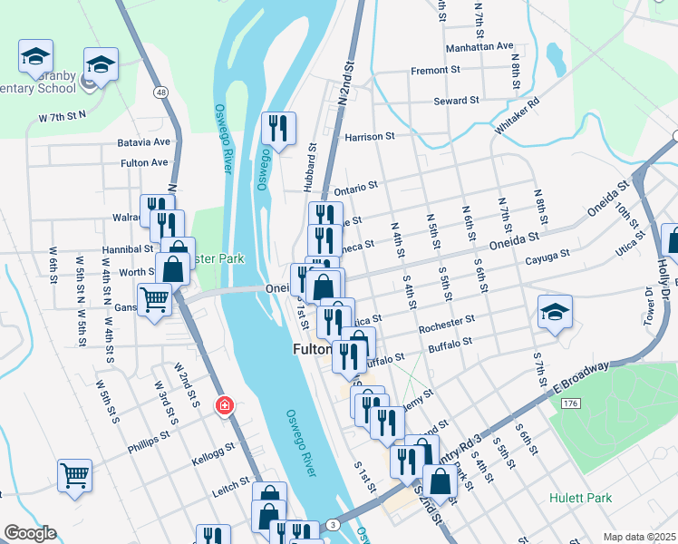 map of restaurants, bars, coffee shops, grocery stores, and more near 212 Seneca Street in Fulton