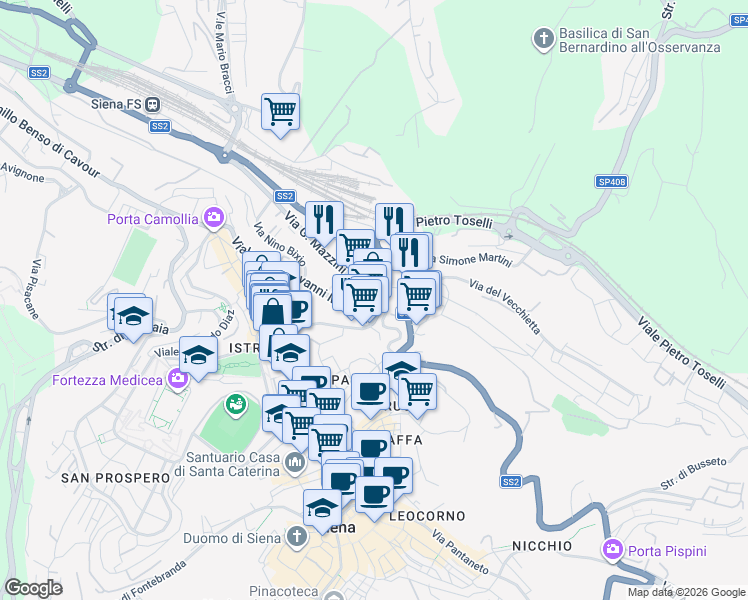 map of restaurants, bars, coffee shops, grocery stores, and more near 55 Viale Don Giovanni Minzoni in Siena