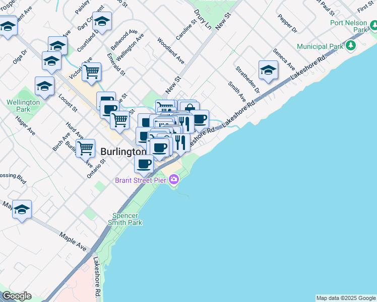 map of restaurants, bars, coffee shops, grocery stores, and more near 2060 Lakeshore Road in Burlington