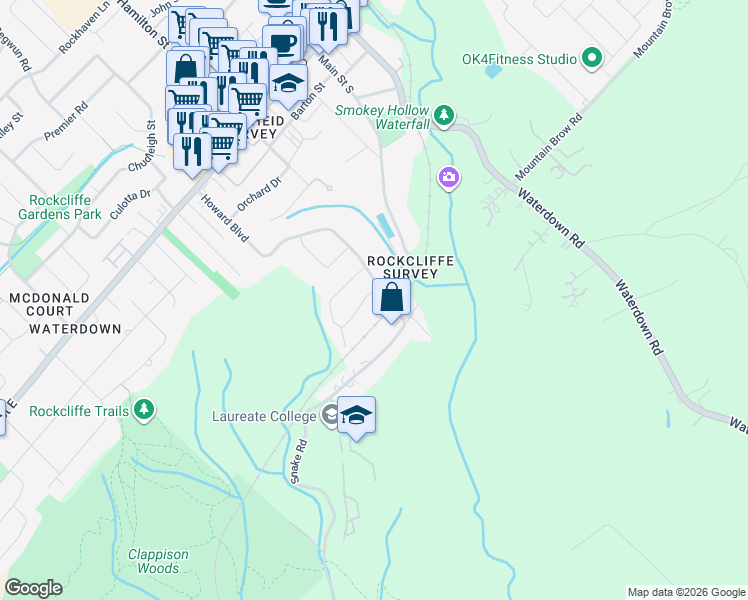 map of restaurants, bars, coffee shops, grocery stores, and more near 74 Thomson Drive in Hamilton