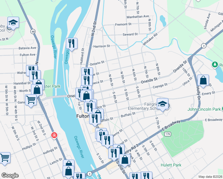 map of restaurants, bars, coffee shops, grocery stores, and more near 0 South 4th Street in Fulton