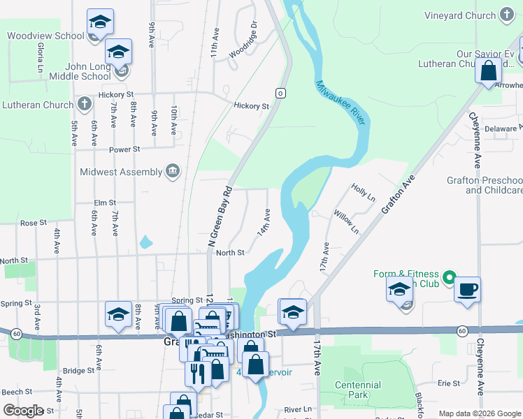 map of restaurants, bars, coffee shops, grocery stores, and more near 928 14th Avenue in Grafton