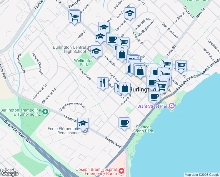 map of restaurants, bars, coffee shops, grocery stores, and more near 546 Burlington Avenue in Burlington