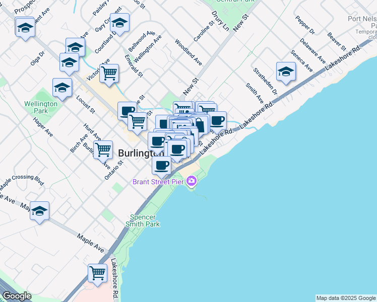 map of restaurants, bars, coffee shops, grocery stores, and more near 399 Elizabeth Street in Burlington
